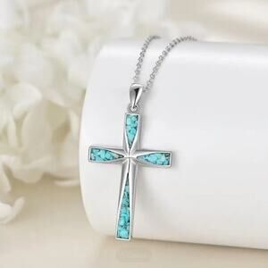 925 Silver Necklace w/ Turquoise Cross Western Christian Birthday Anniversary
